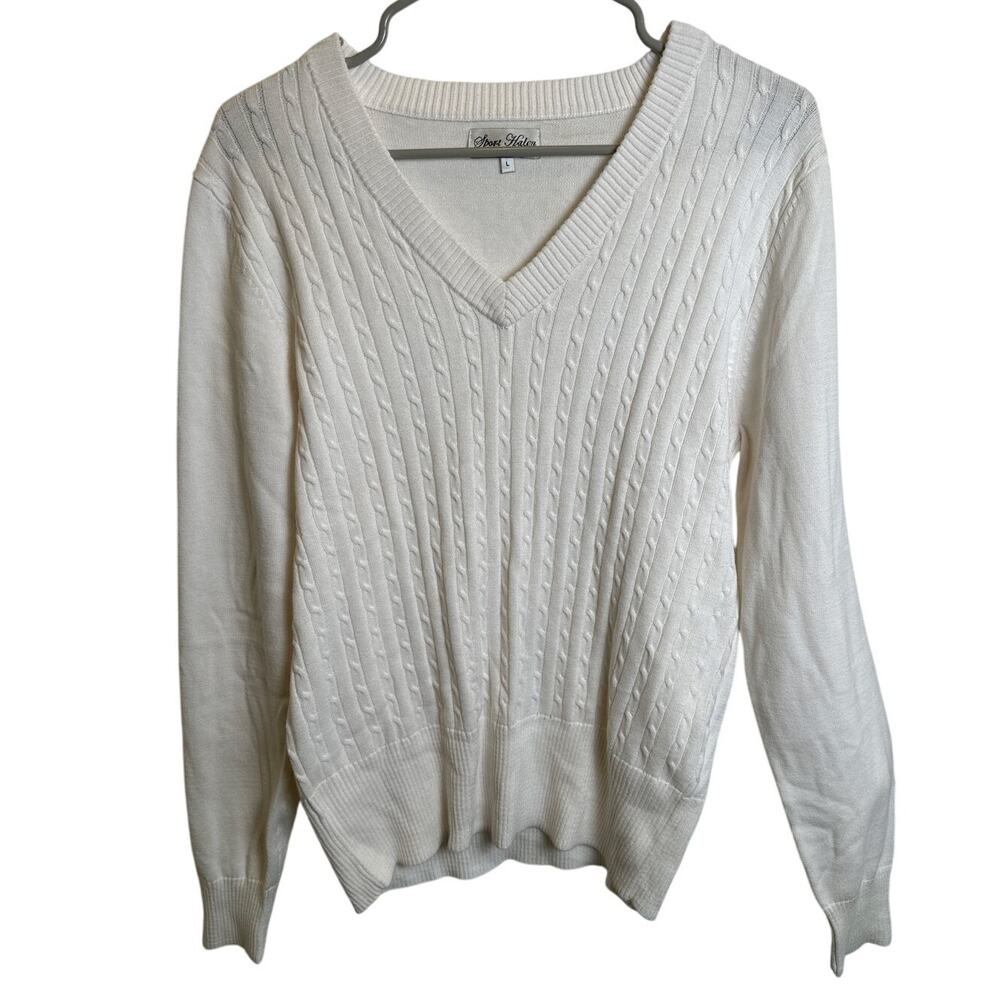 VTG Sport Haley V Neck White Cable Knit Sweater Women LG Minimalist Layering Y2K